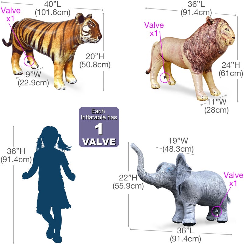 Jet Creations Life on Earth Wildlife Safari Inflatable, 3-PK, Lion, Tiger, Elephant, Realistic Animals for Party Decoration, Pool, Birthday, Jungle Photo Prop - Image 3